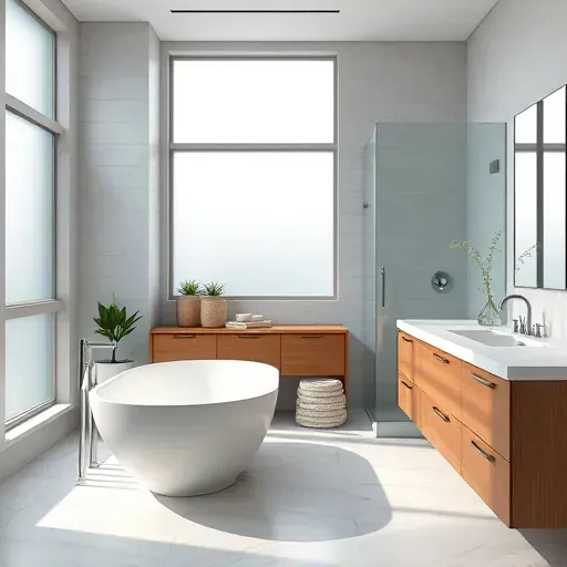 Renovated Arlington, TX bathroom with modern fixtures, freestanding tub, marble vanity, tiled walls, and natural light.