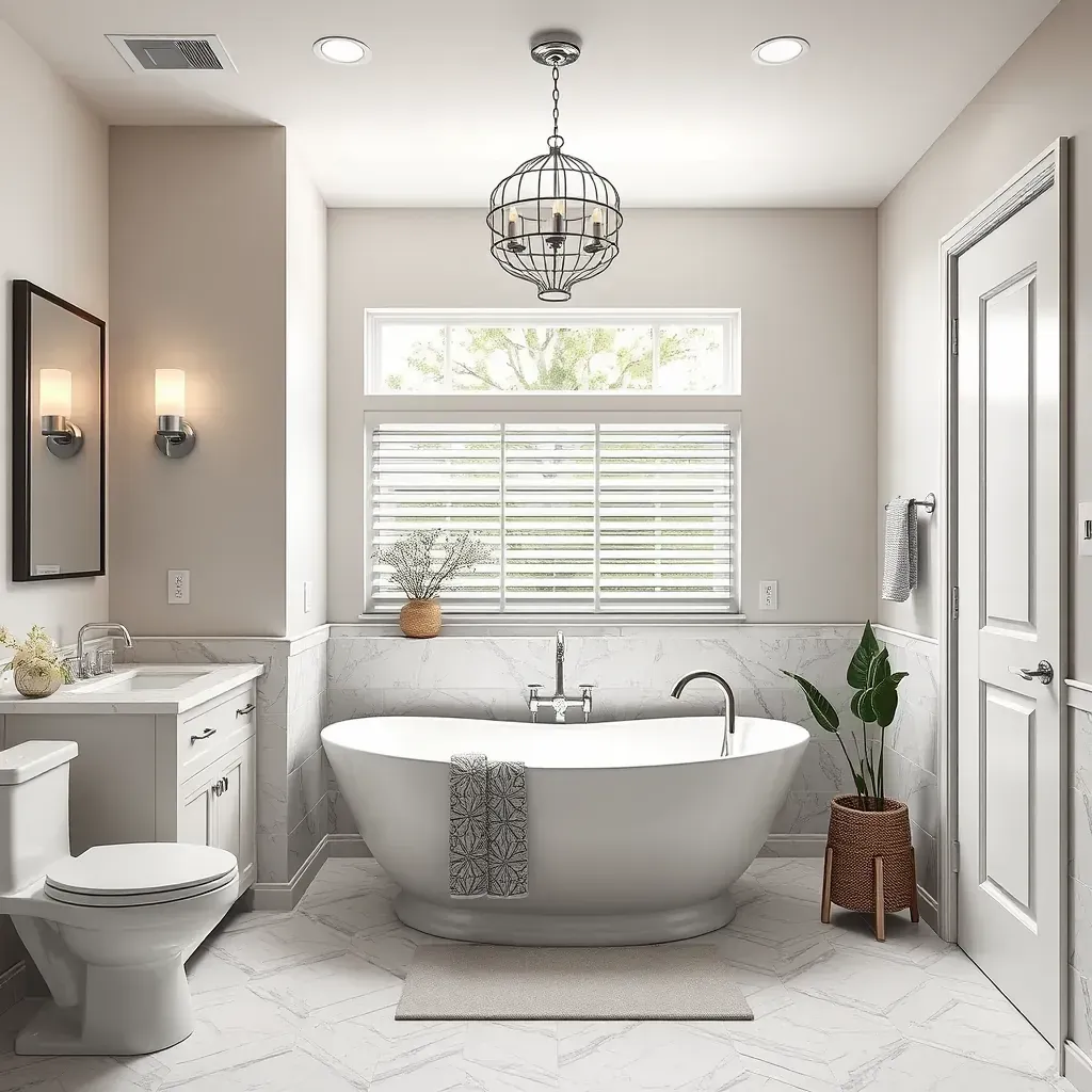 Modern renovated bathroom in Colleyville, TX with glass shower, freestanding tub, Carrera marble vanity, and lush greenery view.