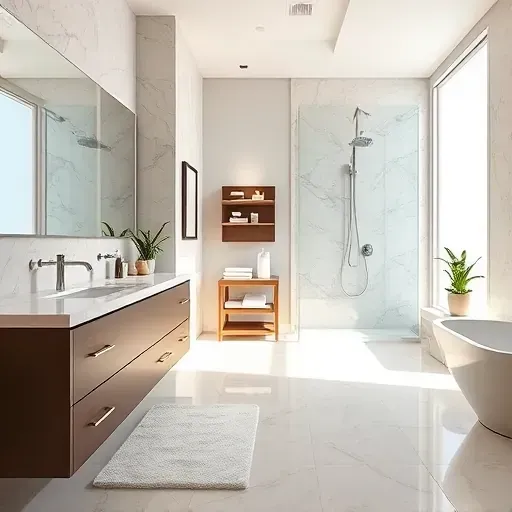 Remodeled modern bathroom in Burleson Texas with frameless glass shower marble countertops brushed nickel fixtures and large frosted windows