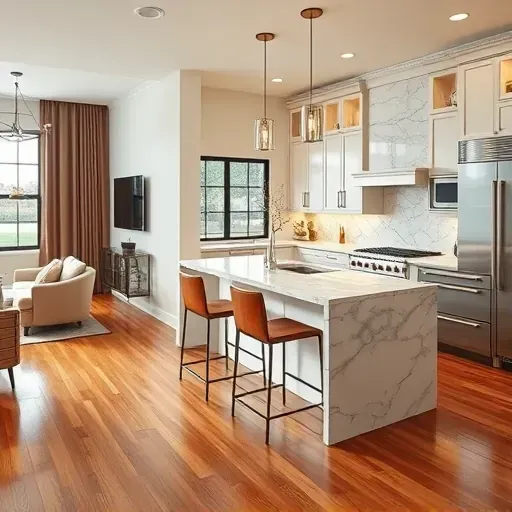 Modern Roanoke kitchen remodel featuring high-end appliances, custom cabinets, marble countertops, and oak flooring.