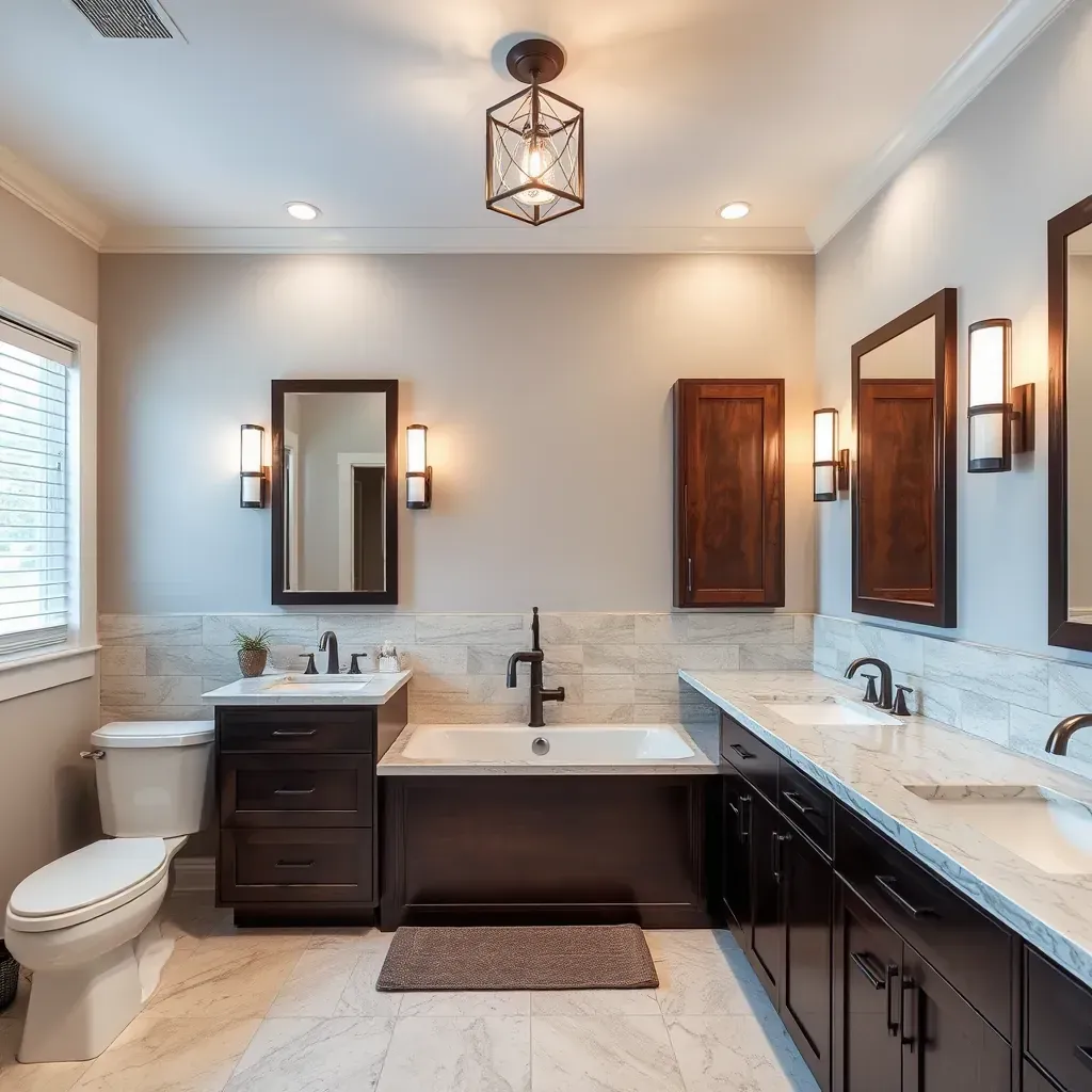 Detailed modern bathroom with sleek fixtures, marble tiles, and ambient lighting in Watauga, TX.