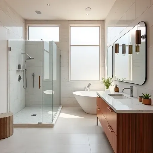 Remodeled Farmers Branch bathroom with walk-in shower, soaking tub, modern fixtures, neutral tiles, and natural lighting.