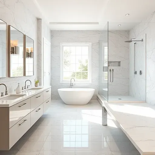 Modern renovated bathroom in Grand Prairie TX with marble countertops glass shower freestanding tub neutral tones ceramic tile designs elegant chrome fixtures and ambient lighting