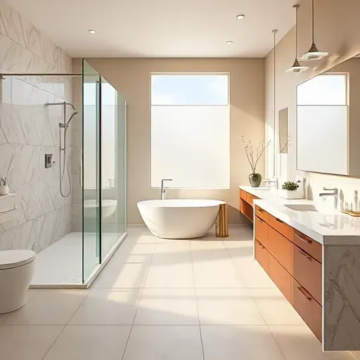 Contemporary bathroom in Haltom City, TX featuring sleek fixtures, walk-in shower, freestanding tub, marble countertops, and elegant decor.
