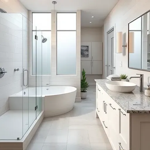 Renovated Farmers Branch TX bathroom with glass shower, porcelain tub, granite vanity, natural light, and modern decor