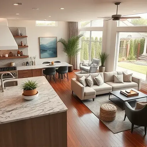 Modern home remodeling in Haslet TX featuring a warm open-concept living and kitchen space with luxury finishes.