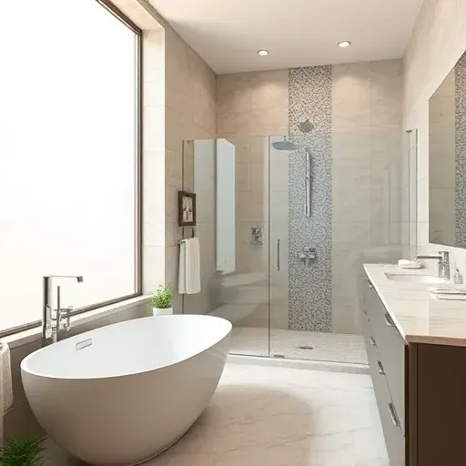 Renovated Grapevine bathroom with modern fixtures, large glass shower, freestanding tub, marble countertops, and elegant decor.