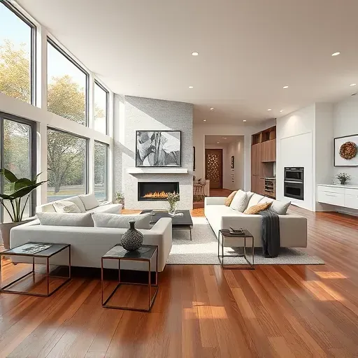 Beautiful renovated Addison, TX living room with hardwood floors, modern decor, and an open kitchen with stainless steel appliances.