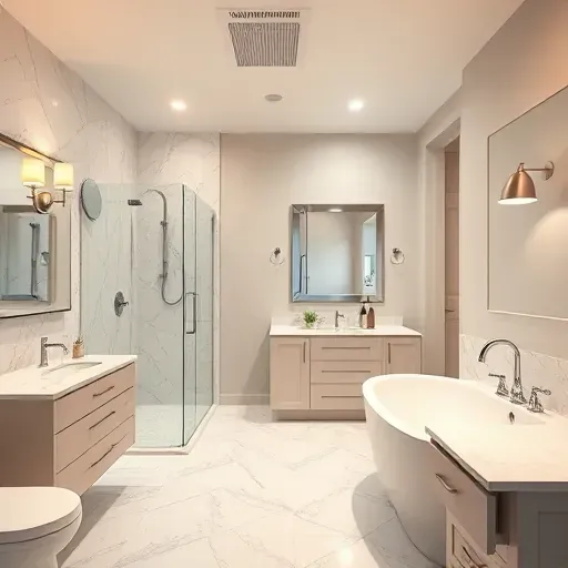 Renovated Arlington TX bathroom with modern fixtures, walk-in shower, freestanding tub, and elegant marble tiles.