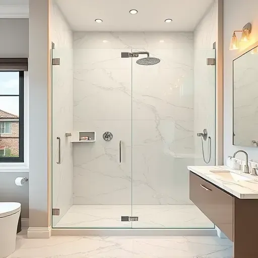 Renovated walk-in shower in Arlington Texas with glass doors, brushed nickel fixtures, marble tiles, built-in niches, and natural lighting