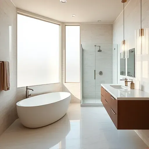 Beautiful modern bathroom in Haltom City, TX with a soaking tub, glass shower, floating vanity, and elegant tile accents.