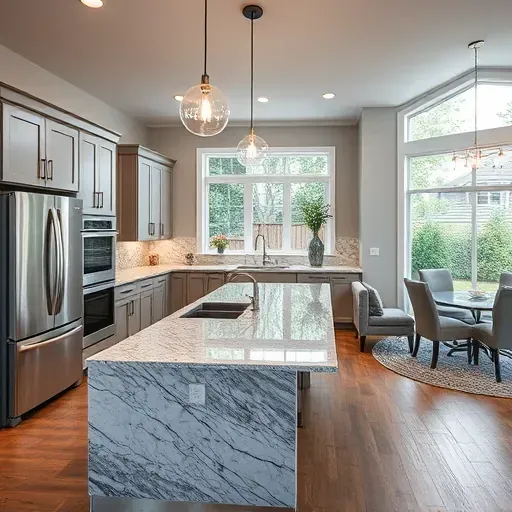 Modern kitchen remodel in McKinney TX features high-end appliances, custom cabinetry, and a central granite island.