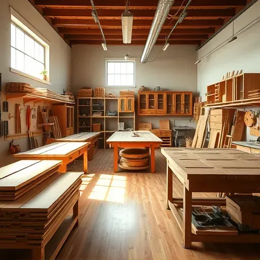 Custom carpentry workshop in Arlington TX with polished wood furniture, woodworking tools, and organized workspaces.