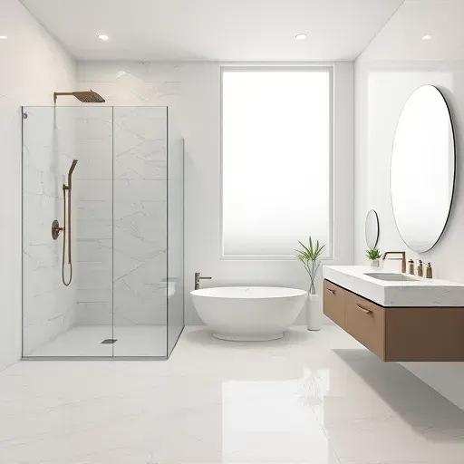 Modern Arlington, TX bathroom with marble floors, walk-in shower, freestanding tub, double vanity, and elegant design.