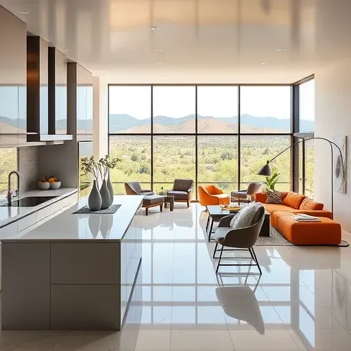 Elegant modern living room in Grapevine TX with plush furniture, sleek kitchen, and vibrant outdoor view.