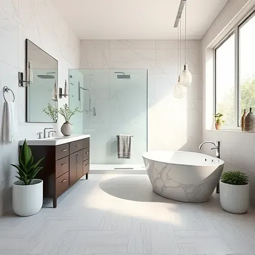 Bright renovated bathroom in Plano TX featuring a marble bathtub, glass shower with tile patterns, polished fixtures, modern cabinetry, large mirror, porcelain tile floor, greenery, and natural light