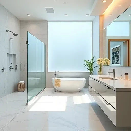 Beautiful renovated bathroom in Coppell, TX with a glass shower, soaking tub, marble floors, modern fixtures, and sleek design.