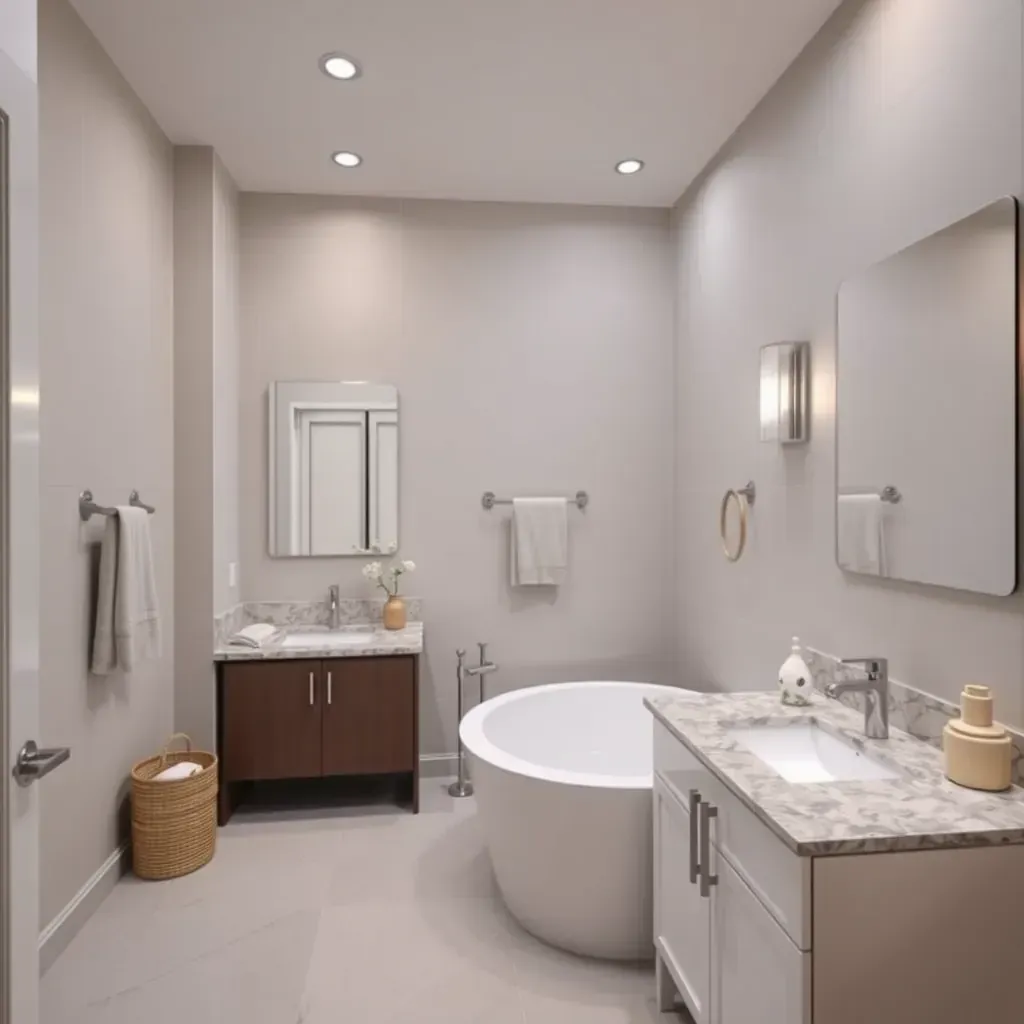 Modern Addison, TX bathroom featuring a walk-in shower with rainfall head, freestanding tub, double vanity, and neutral tones.