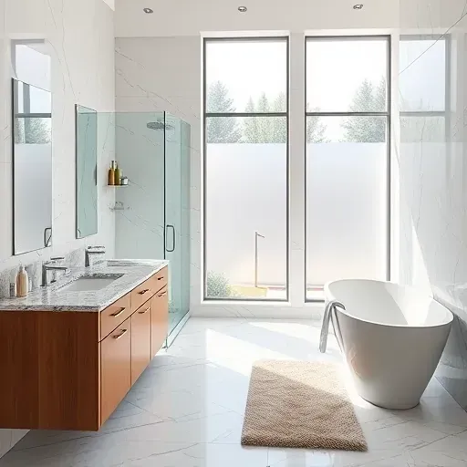 Renovated luxury bathroom in Burleson TX with walk-in glass shower, marble tiles, freestanding tub, double vanity, and natural light