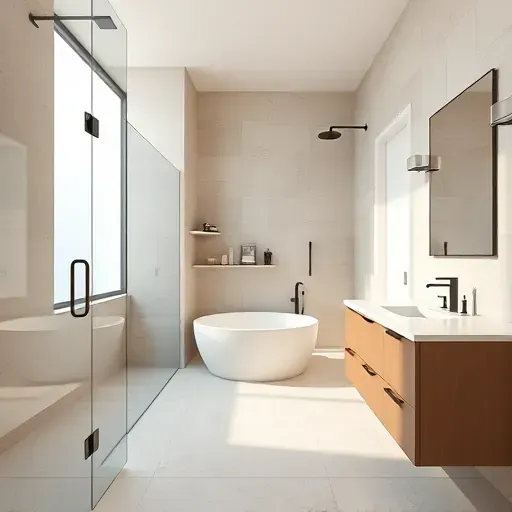 Newly renovated Arlington TX bathroom with modern design, walk-in shower, freestanding tub, and natural stone details.