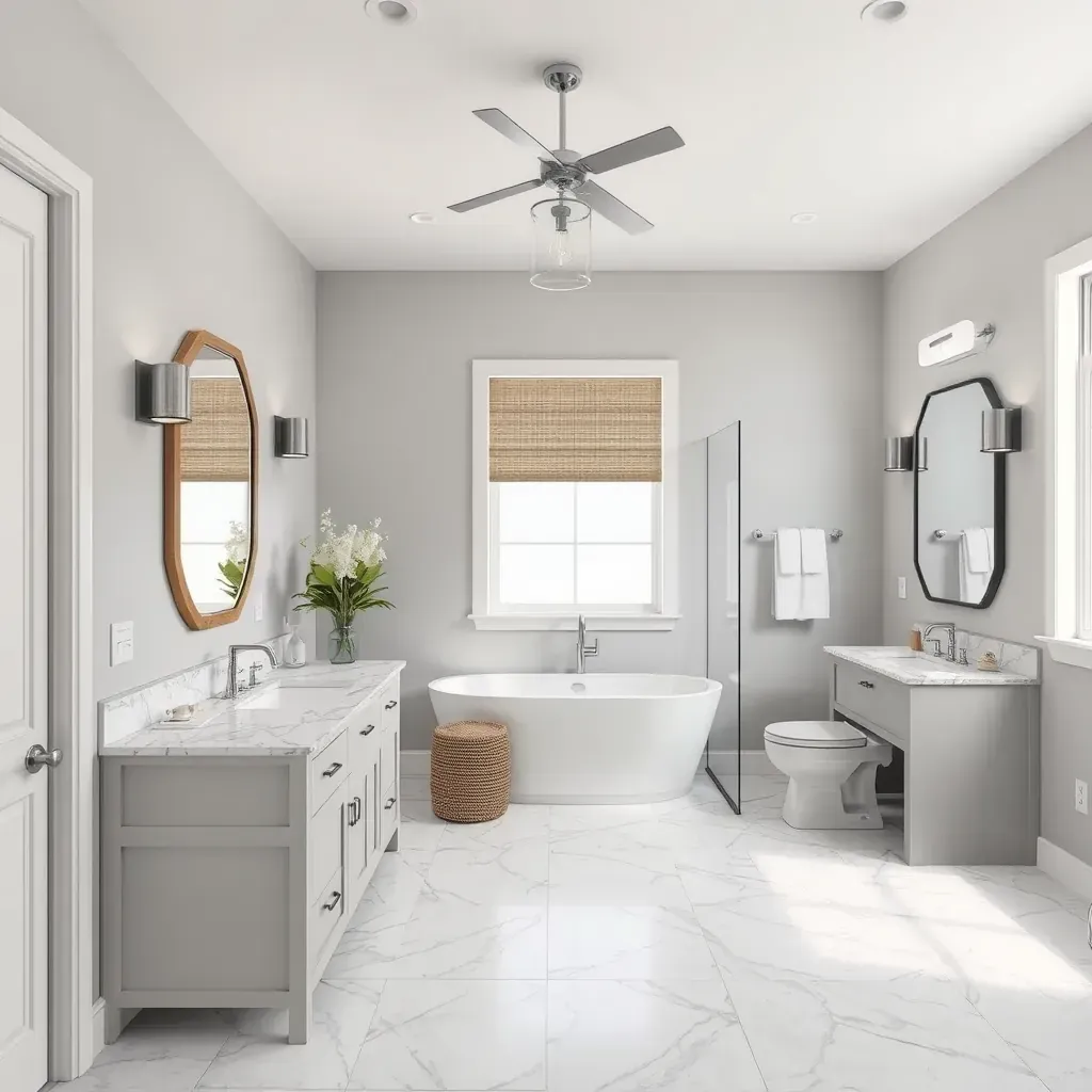 Modern Mansfield, TX bathroom featuring a white bathtub, walk-in shower, double vanity, gray tiles, and natural sunlight.