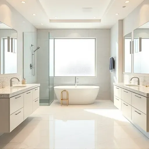 Renovated Dallas bathroom with modern fixtures, walk-in shower, freestanding tub, marble counters, and elegant tile.