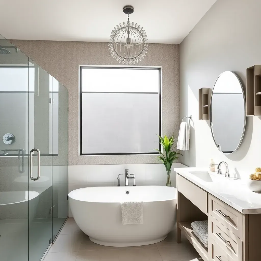 Modern bathroom with sleek fixtures, granite countertops, and elegant tile design in Irving, TX.