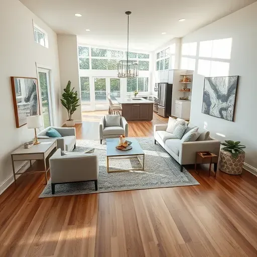Modern living space in Little Elm, TX features open-plan design, hardwood floors, and stylish decor with natural light.