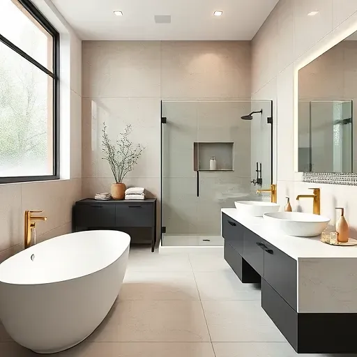 Freshly remodeled Little Elm TX bathroom with modern fixtures, freestanding tub, walk-in shower, marble vanities, and natural light