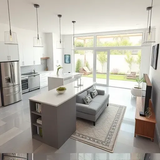 Modern Fort Worth kitchen remodel with sleek cabinetry, quartz island, and a cozy living area showcasing elegance and comfort.