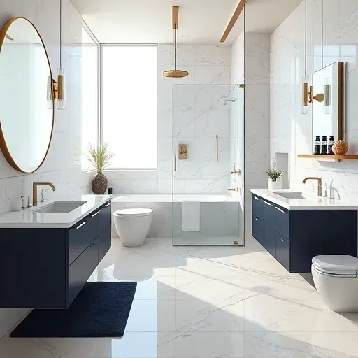 Modern bathroom in Frisco, TX featuring marble countertops, glass shower, brushed nickel fixtures, and polished porcelain tiles.