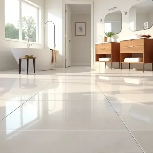 Modern Arlington TX bathroom with sleek heated flooring, light-colored glossy tiles, elegant fixtures, and warm ambient lighting