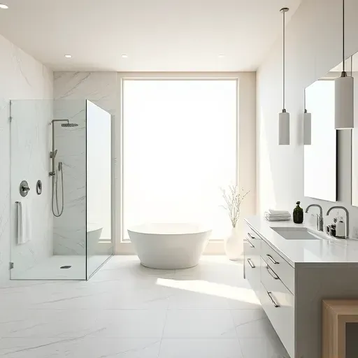 Remodeled modern bathroom in Haltom City TX with glass shower, freestanding bathtub, double marble vanity, natural light, neutral tones