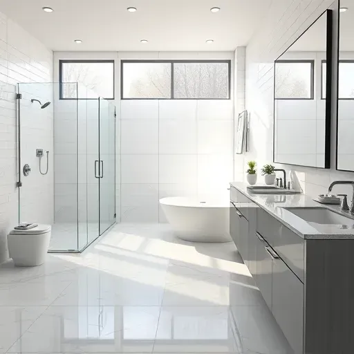 Renovated Richardson TX bathroom with marble floors, white subway tiles, walk-in shower, soaking tub, modern vanity