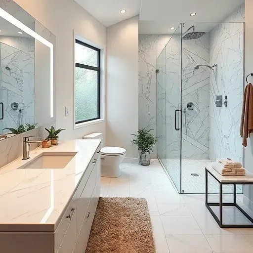 Renovated Arlington bathroom featuring marble countertops, chrome fixtures, glass shower, and sophisticated decor.