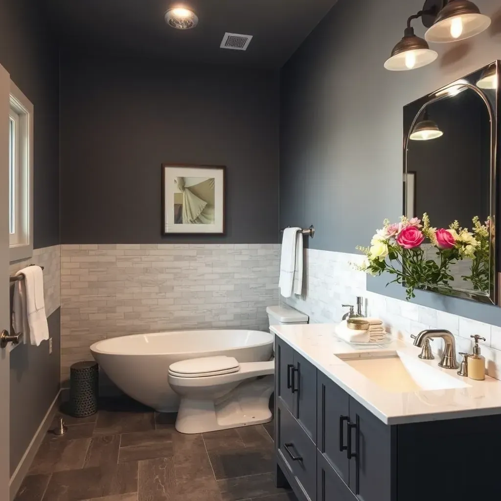 Modern Allen, TX bathroom with quartz countertops, frameless shower, freestanding tub, and sleek black hardware.