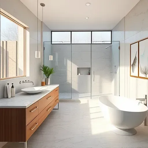 Modern bathroom remodeling in Arlington TX with sleek design, walk-in shower, marble countertops, and freestanding tub.
