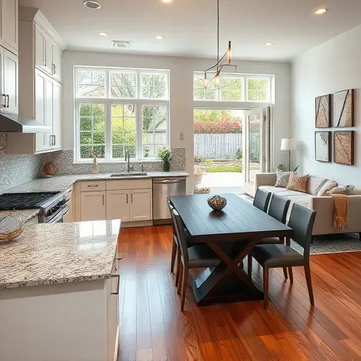 Modern kitchen remodel in Farmers Branch TX with granite countertops, stainless appliances, and open layout to dining area.