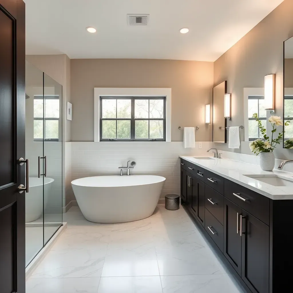 Remodeled Plano, TX bathroom with modern fixtures, marble tiles, glass shower, wooden vanity, and natural lighting.
