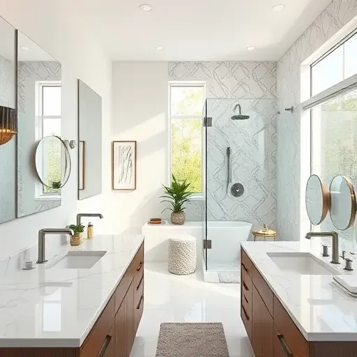 Renovated Keller, TX bathroom featuring modern fixtures, marble countertops, a glass shower, natural light, and stylish decor.
