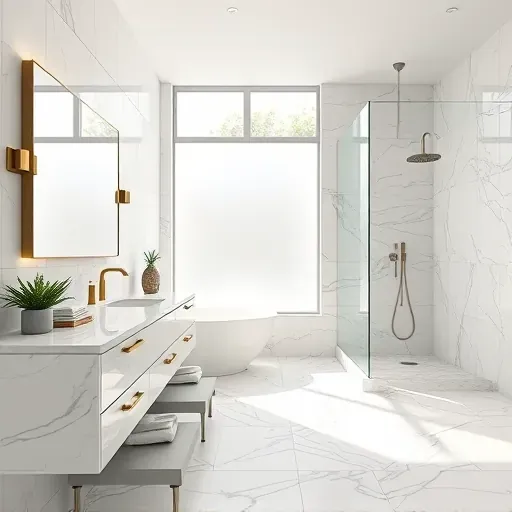 Renovated Arlington TX bathroom with marble countertops floating vanities glass shower elegant tiled walls and floors natural lighting