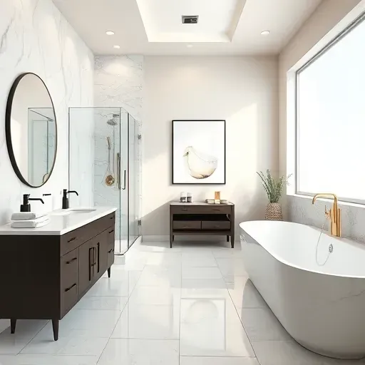 Renovated Frisco, TX bathroom with marble counters, glass shower, soaking tub, modern fixtures, and cozy decor.