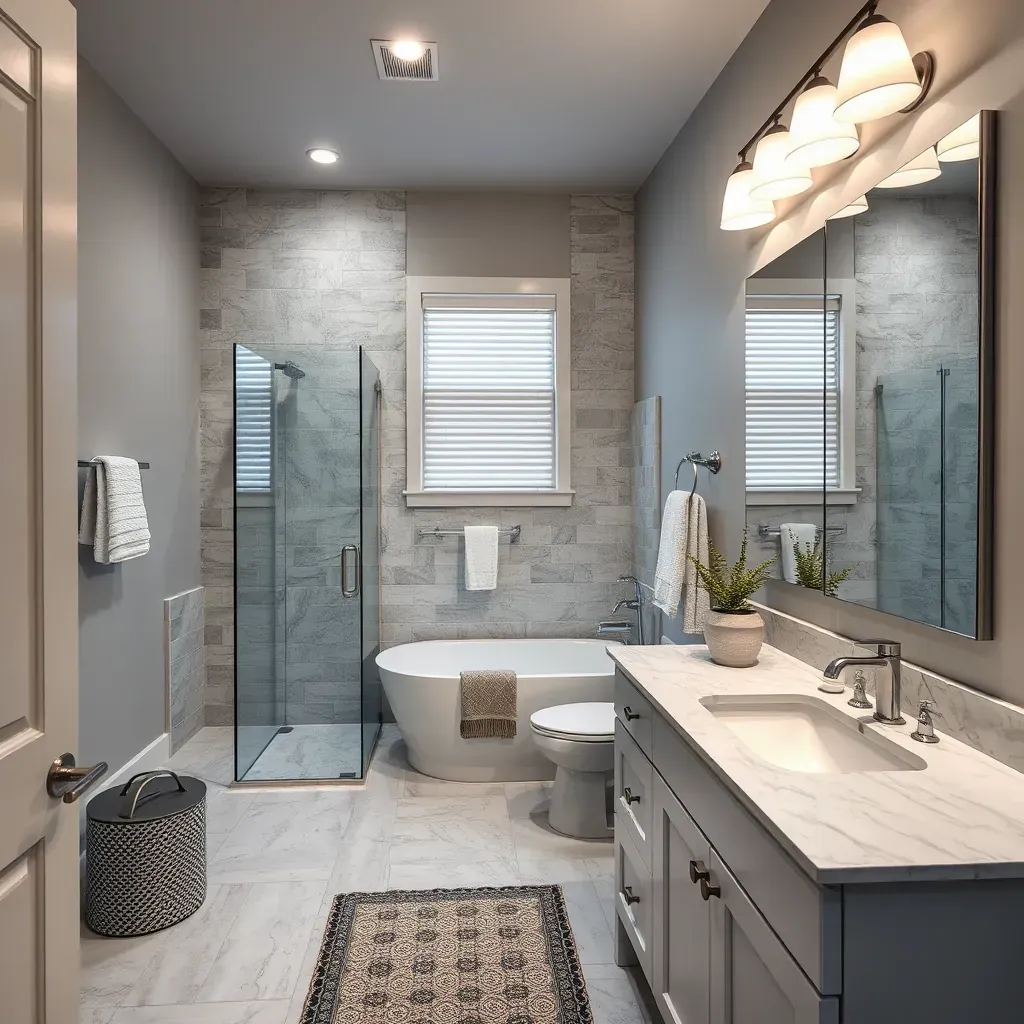 Bathroom remodel in Duncanville, TX featuring modern fixtures, large porcelain tiles, a glass shower, sleek vanity, and LED lighting.
