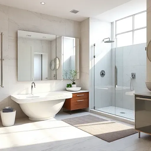 Remodeled luxury bathroom in Grapevine, TX with modern fixtures, large frosted windows, marble vanities, and sleek design.