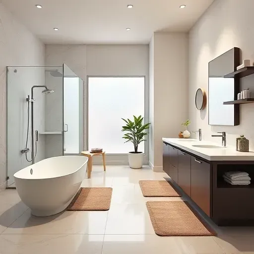 Beautifully renovated modern bathroom in Roanoke TX with walk-in shower, freestanding bathtub, double vanity, and natural lighting