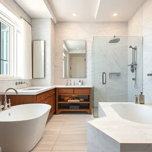 Remodeled Flower Mound TX bathroom with modern chrome fixtures, glass shower, freestanding tub, marble countertops, and natural lighting