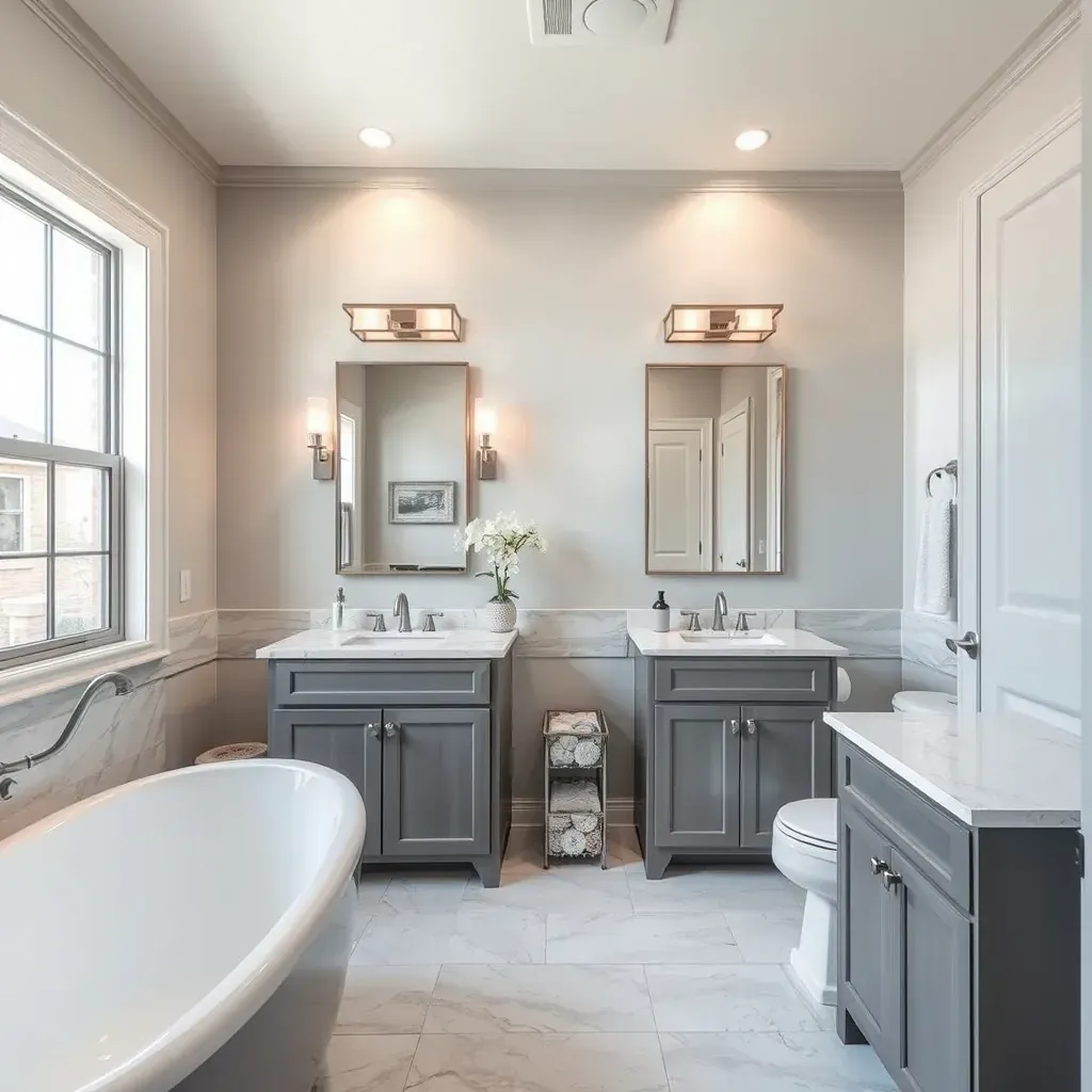 Remodeled bathroom in Cedar Hill, TX with a soaking tub, walk-in shower, modern vanity, tile floors, and natural light.