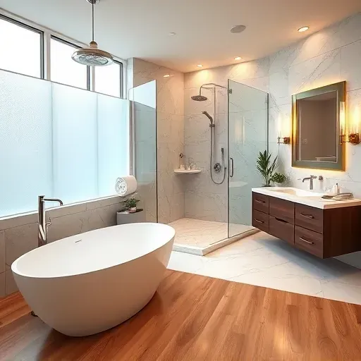 Renovated Highland Village TX bathroom with a freestanding tub, walk-in shower, double marble vanity, and elegant modern design