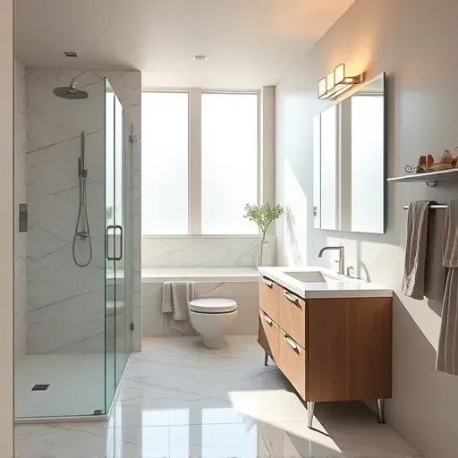 Renovated basement bathroom in Arlington TX with marble tiles, frameless glass shower, modern vanity and warm lighting