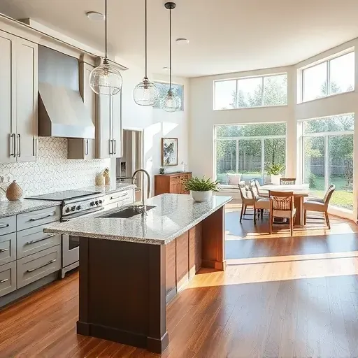Modern renovated kitchen with warm wood cabinets, granite counters, stainless steel appliances, island, pendant lighting, and bright open layout.
